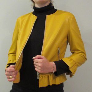 Gold Vegan Leather Jacket with Ruffle Details